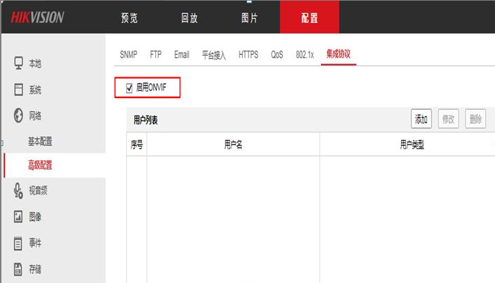 ONVIF 协议管理员账号添加与权限设置页面